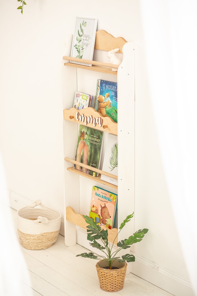 Wooden bookshelf for Nursery storage, Montessori furniture, Wall shelving, Display cabinet, Book organizer, Floating shelf 画像 9