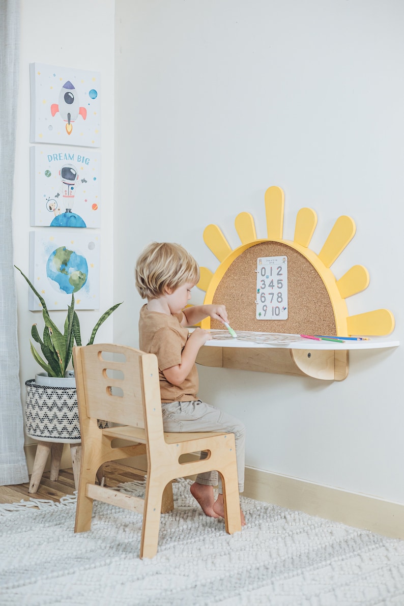 Sunshine Wallmounted Kids Table, Preschool Set Desk and Chair