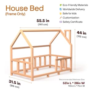 May include: A natural wood house bed frame, measuring 55.5 inches (141 cm) wide, 44 inches (112 cm) high, and 31.5 inches (80 cm) deep. The frame has a house-shaped design with a roof and chimney detail. The recommended mattress size is 52 inches by 28 inches.