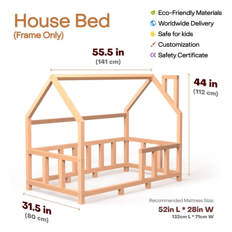 May include: A natural wood house bed frame, measuring 55.5 inches (141 cm) wide, 44 inches (112 cm) high, and 31.5 inches (80 cm) deep. The frame has a house-shaped design with a roof and chimney detail. The recommended mattress size is 52 inches by 28 inches.
