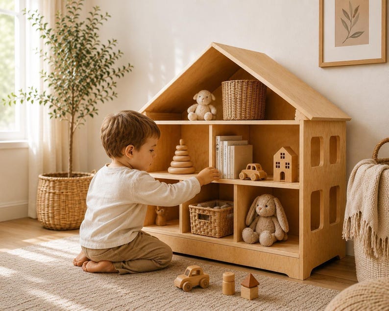 Toddler boy playing beside a wooden Montessori dollhouse bookshelf in a bright neutral playroom