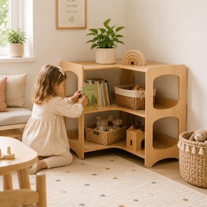 May include: A light wood corner bookshelf with books, baskets, and toys. A young child is reaching for a book. The shelves are filled with books, stuffed animals, and decorative items. The room has a neutral colour palette.