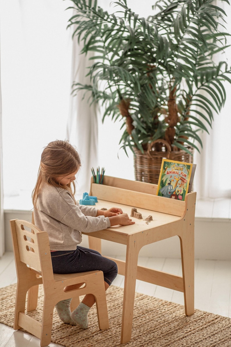 Toddler table and chair set, Kids activity table, Montessori playroom Kids desk decor Nursery Montessori furniture Baby bookshelf image 1