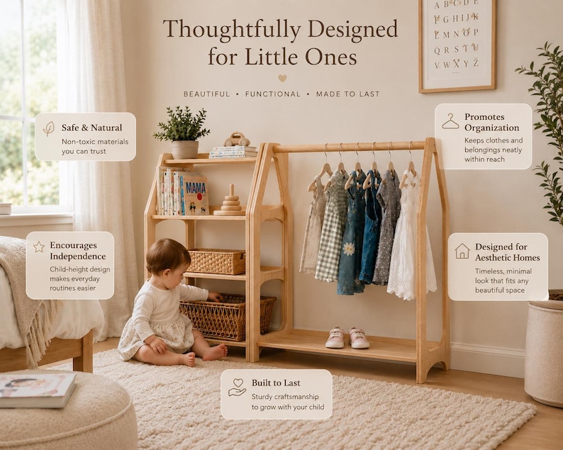 Set of 3 Shelves: Toy Storage + Kid Clothing Rack, Toddler Nursery, Toys Shelf, Montessori Furniture, Open Shelf, Montessori Shelves image 9