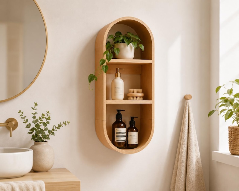 May include: A light wood, oval-shaped wall shelf with three levels, holding a small potted plant, a bottle of lotion, a wooden brush, and two brown bottles. The shelf is mounted on a white wall, with a gold-framed mirror and a sink visible.