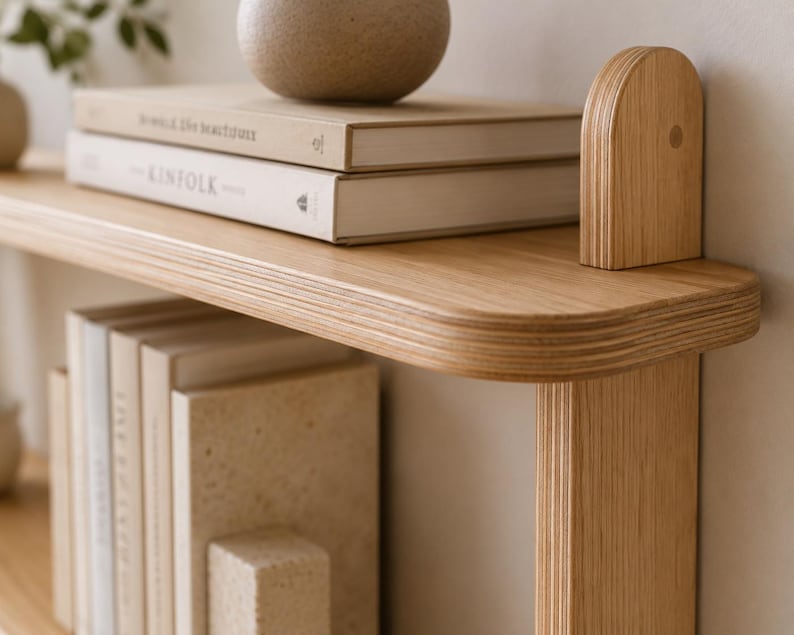 May include: A light-toned wooden wall shelf featuring a smooth, rounded edge design and visible layered plywood construction. The shelf is mounted with a vertical support piece and holds two stacked books and a round, textured decorative object.