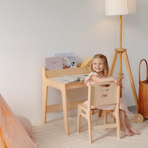 Montessori Kids Desk and Chair Set with Bookshelf for Preschool Learning Activities