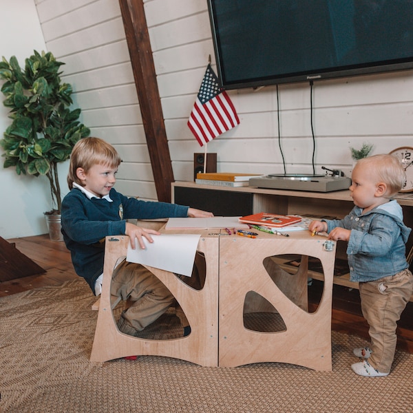 Küchenturm, Montessori Möbel, Kreidetafel Lernen Kleinkind Lernhelfer Wandelbarer Tisch Kunst für Kinder Hub Tisch und Stuhl in einem