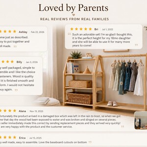 May include: A light-colored wooden house-shaped storage unit featuring a three-tier shelving section and an attached clothing rack with hangers. The unit displays various children's clothing, books, and woven baskets, presented with customer reviews.
