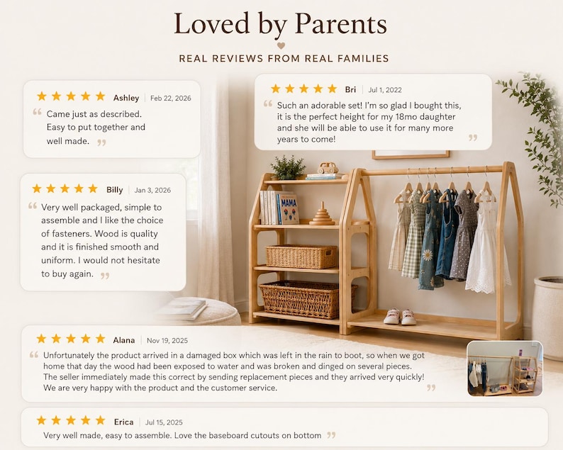 May include: A light-colored wooden house-shaped storage unit featuring a three-tier shelving section and an attached clothing rack with hangers. The unit displays various children's clothing, books, and woven baskets, presented with customer reviews.