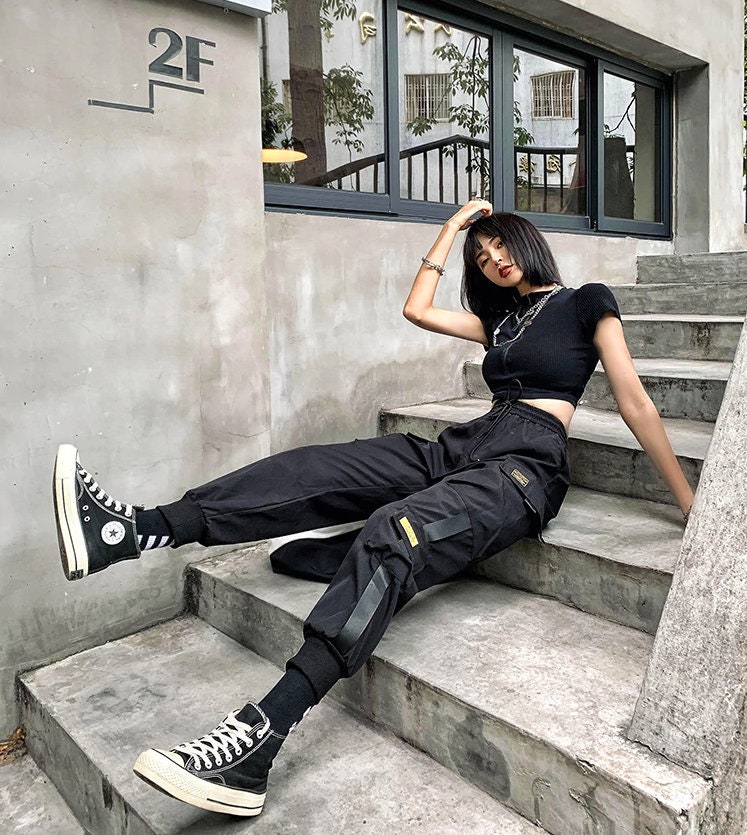 Harujuku Cargo Pants Techwear Joggers Streetwear High Waisted Etsy Canada