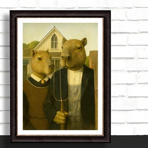 Capibara in American Gothic - un Capibara di belle arti, regalo di arte murale per lui e lei, immagine digitale ad alta risoluzione, divertente, decorazione da parete