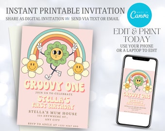 Groovy One Birthday Invitation Template, Groovy 1st Birthday Hippie Party Invitation Template, Groovy One Evite, Boho Hippie Birthday Invite