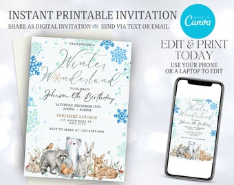 May include: Printable invitation for a Winter Wonderland themed 6th birthday party. The invitation features a blue and green snowflake pattern with a white background. The text reads "Please join for a Winter Wonderland to celebrate Johnson's 6th Birthday." The invitation also includes the date, time, and location of the party. The invitation is decorated with a group of woodland animals, including a rabbit, raccoon, bear, deer, and a bird.