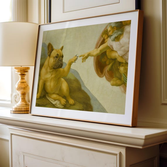 Amusing Frenchie Version of Creation of Adam Iconic French Bulldog
