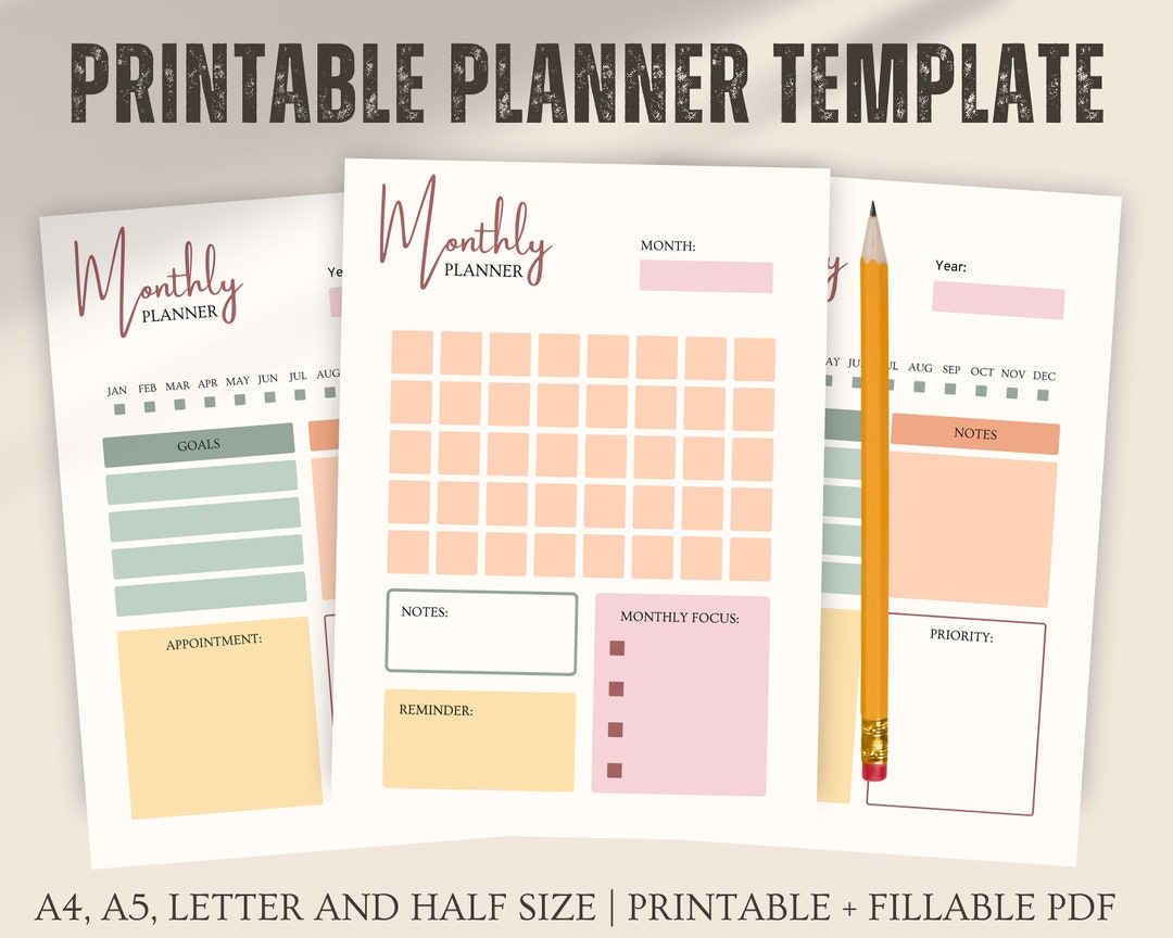 Undated Monthly Planner Printable, Monday & Sunday Start Planner, Ink ...