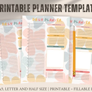 May include: Three printable daily planner templates with a floral design. The planners have sections for today's priorities, other tasks, brain dump, and notes. The planners are available in A4, A5, letter, and half sizes.