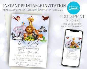 Safari Animal Baby Shower Invitation, Jungle Baby Shower Invite, Zoo Animal Baby Shower Invite, Jungle Wild One Baby Shower Invitation Card