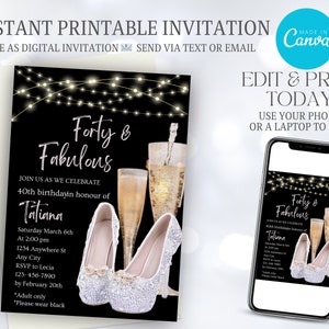 Puede incluir: Invitación imprimible para una fiesta de cumpleaños número 40 con fondo negro, luces doradas y tacones altos plateados. El texto dice "Forty & Fabulous" e incluye el nombre "Tatiana" y los detalles de la fiesta.