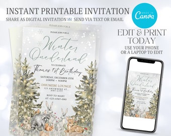 Winter Onederland 1st Birthday Invitation, Wonderland Boy Girl First 1st Birthday Party Invite, Polar Bear Arctic Animals Woodland Invites