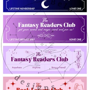 Pode incluir: Quatro designs de bilhetes coloridos para clubes de leitura. The Midnight Readers Club, The Fantasy Readers Club, The Fantasy Readers Club e The Book Lovers Club. Cada design apresenta um esquema de cores e ilustrações diferentes.