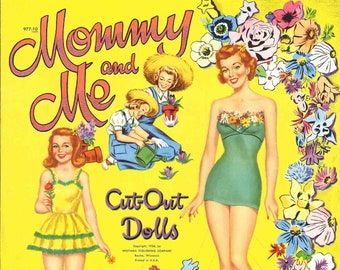 May include: A vintage paper doll set featuring a mother and daughter in summer outfits. The dolls are surrounded by colorful flowers and the text "Mommy and Me Cut-Out Dolls" is printed on the front.