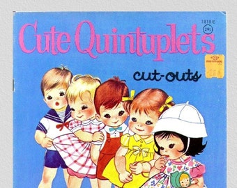 Digital pdf, vintage paper dolls cute quintuplets cut-outs c. 1964