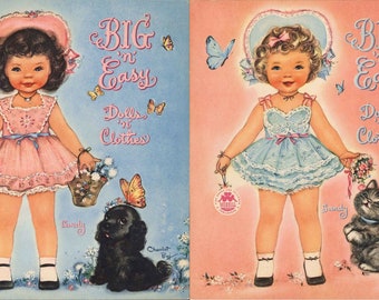 Printable pdf, vintage paper dolls big 'n' easy darling kitschy cute little girls & pets c. 1949