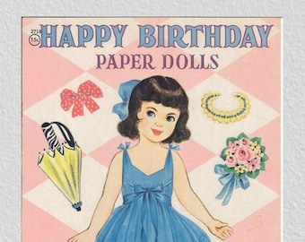 Vintage paper doll Happy Birthday 1940s, pdf instant