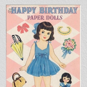 Vintage paper doll Happy Birthday 1940s, pdf instant
