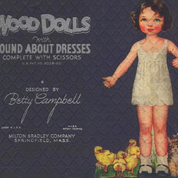 Digital pdf, vintage antique paper dolls wood dolls with round about dresses c. 1930