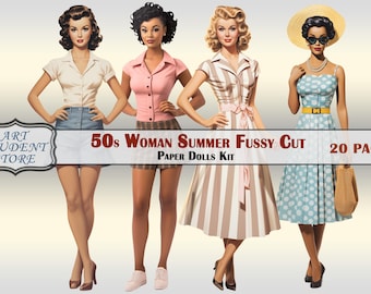 Woman Summer 1950's Fussy Cut Paper Dolls, Pdf Printable Digital,Ephemera,Stickers,20 images