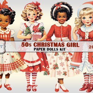 Christmas girl Paper Dolls 1950&#39;s, Pdf Printable Digital,Fussy Cut,Ephemera,Stickers,20 images