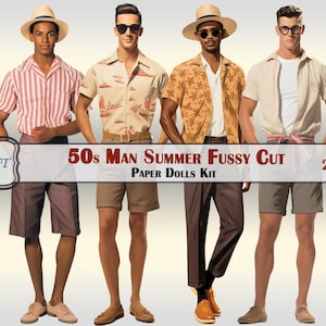 Man Summer 1950&#39;s Fussy Cut Paper Dolls, Pdf Printable Digital,Ephemera,Stickers,20 images