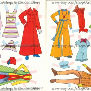 May include: Paper doll cutouts of clothing items in various colors and patterns. The clothing includes a red coat, a yellow jumpsuit, a green jumpsuit, a blue shirt, a pink shirt, a striped dress, a plaid jacket, a hat, and a scarf.