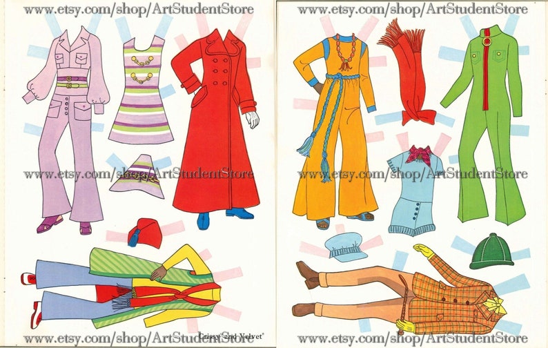 May include: Paper doll cutouts of clothing items in various colors and patterns. The clothing includes a red coat, a yellow jumpsuit, a green jumpsuit, a blue shirt, a pink shirt, a striped dress, a plaid jacket, a hat, and a scarf.