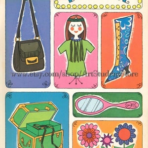 May include: A vintage illustration of a boutique with a sign that says "BOUTIQUE" in yellow letters. The illustration includes a purse, a doll wearing a green shirt and a beaded necklace, a boot, a jewelry box, a hand mirror, and three potted flowers.