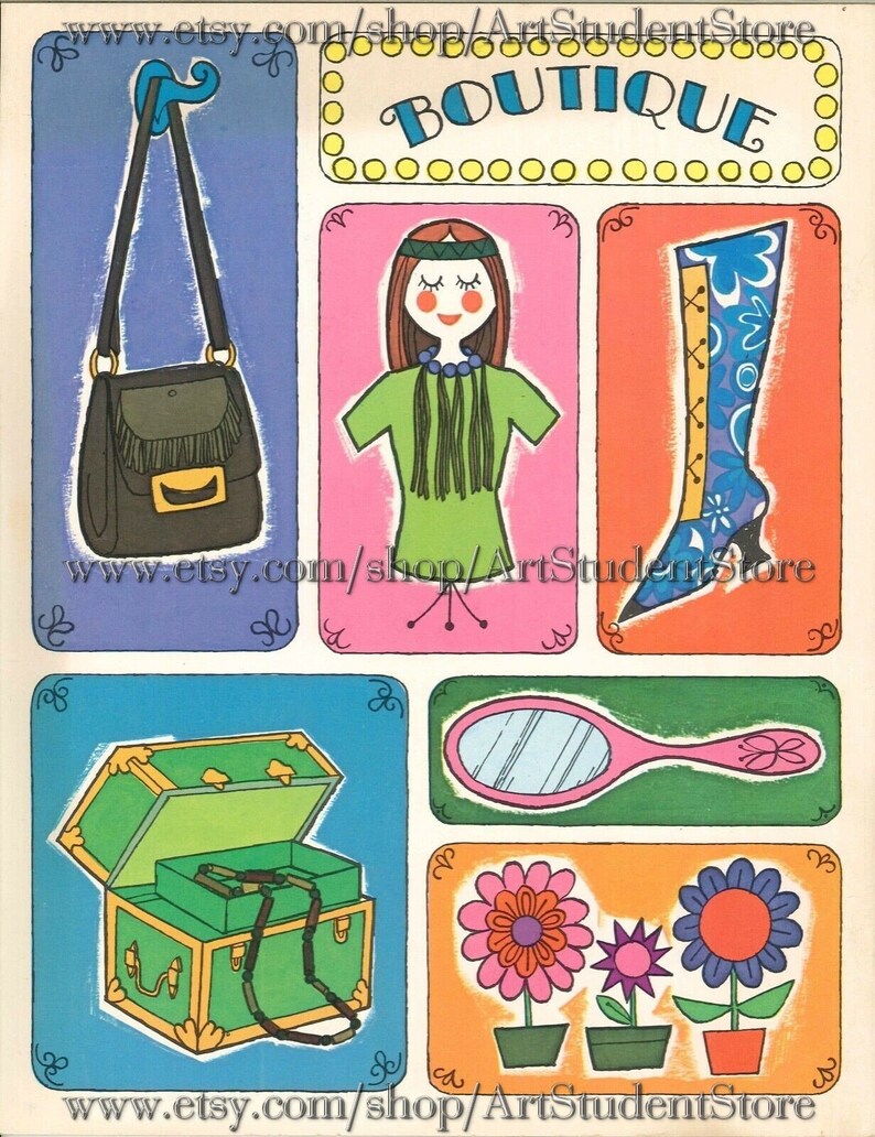 May include: A vintage illustration of a boutique with a sign that says "BOUTIQUE" in yellow letters. The illustration includes a purse, a doll wearing a green shirt and a beaded necklace, a boot, a jewelry box, a hand mirror, and three potted flowers.