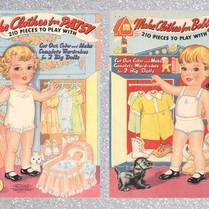 May include: Two vintage paper doll sets, one for Patsy and one for Bobby. Each set includes a doll, a wardrobe, and accessories. The dolls are dressed in simple clothing and have a sweet, innocent look. The sets are printed on sturdy paper and are in good condition.