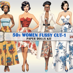 Women 1950&#39;s Paper Dolls-1, Pdf Printable Digital,Fussy Cut,Ephemera,Stickers,20 images