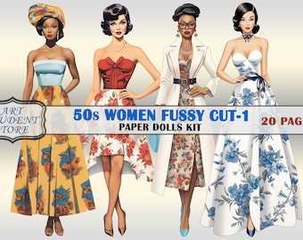 Women 1950's Paper Dolls-1, Pdf Printable Digital,Fussy Cut,Ephemera,Stickers,20 images