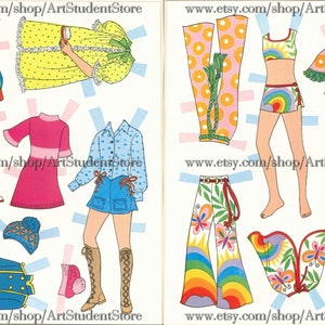 May include: A paper doll set with a variety of clothing options, including a red and blue dress, a yellow dress, a pink dress, a blue shirt and denim shorts, a rainbow skirt, a rainbow top, a pink and orange top, a pink and orange skirt, and a green and pink top. The paper doll set is perfect for creative play and imaginative storytelling.