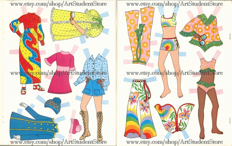 May include: A paper doll set with a variety of clothing options, including a red and blue dress, a yellow dress, a pink dress, a blue shirt and denim shorts, a rainbow skirt, a rainbow top, a pink and orange top, a pink and orange skirt, and a green and pink top. The paper doll set is perfect for creative play and imaginative storytelling.