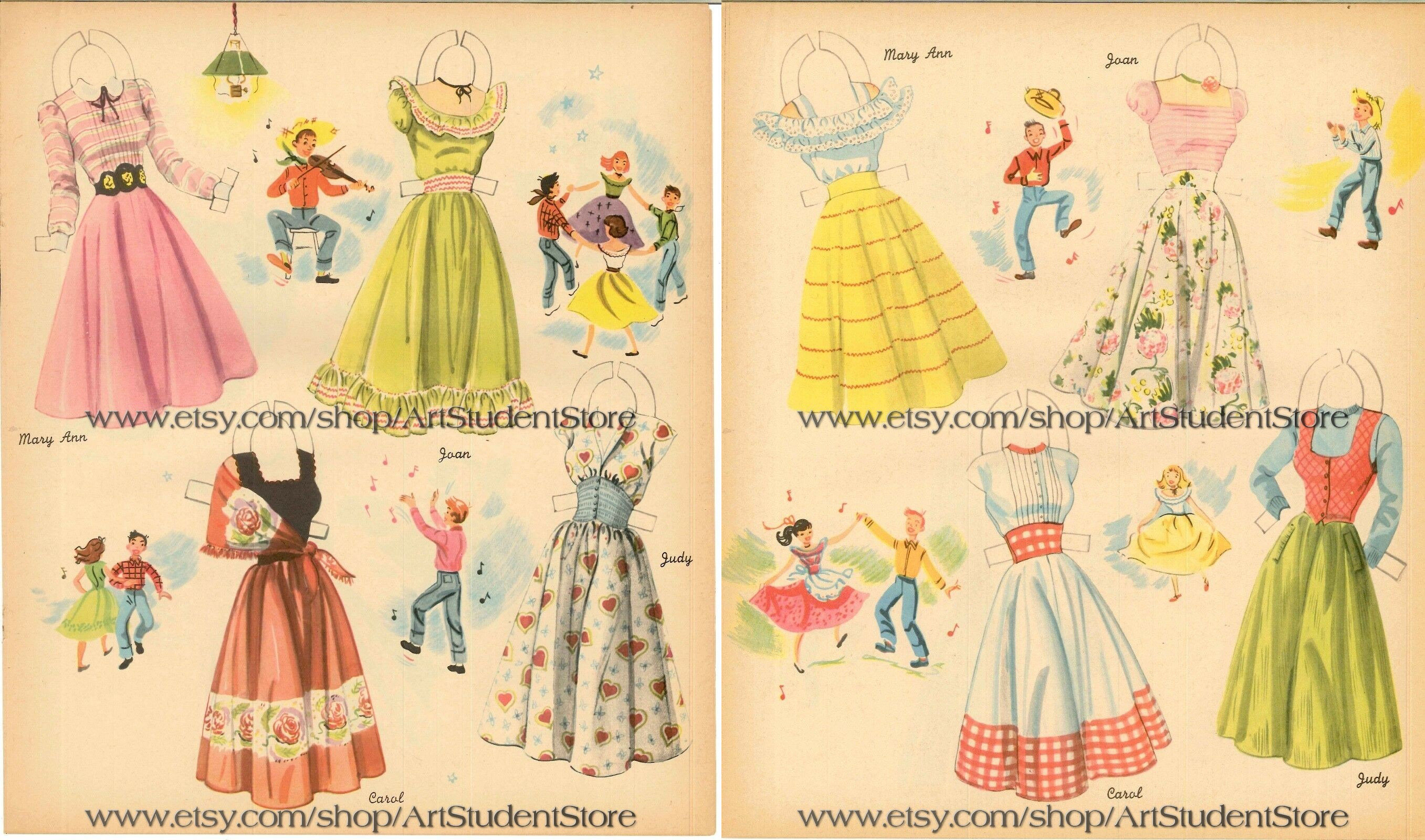 4 Little Girls Paper Dolls. 1950s Fashions. Southern Belle Fashion. 