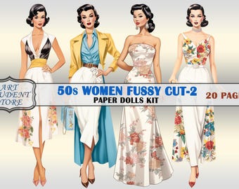 Femmes des années 50, poupées en papier, 2, impression numérique Pdf, coupe difficile, éphémères, autocollants, 20 images