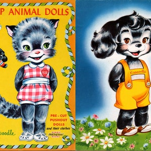 Vintage paper dolls dress-up animal dolls kit and kapoodle kitsch cat dog and clothes