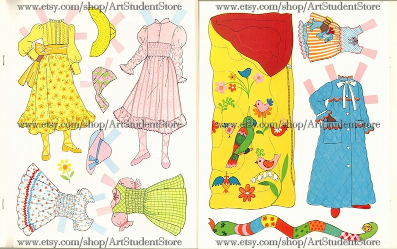 May include: A paper doll set with a variety of outfits and accessories. The set includes a sleeping bag with a floral design, a blue quilted robe, a yellow dress with floral print, a pink and white striped dress, a green and white checkered dress, and a white dress with blue and red trim. The set also includes a variety of hats and shoes.