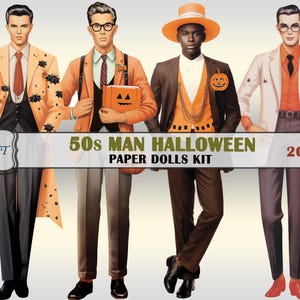Uomo Halloween 1950 Bambole di carta, PDF stampabile digitale, Fussy Cut, Ephemera, Adesivi, 20 immagini