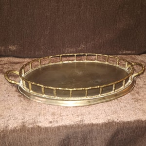 Mid century oval brass tray,bamboo rail design/serving,vanity or liquor