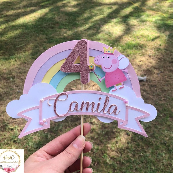 Peppa pig cake topper, peppa cake topper, birthday cake topper, cake topper for girls, rainbow cake topper.